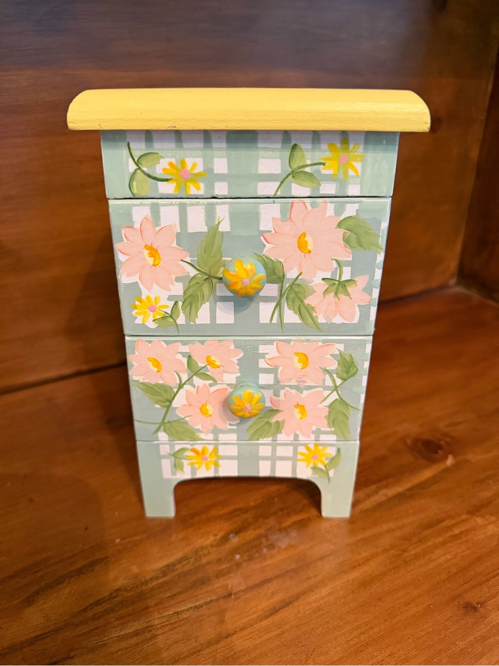 Hand-Painted Floral Mini Chest in Mint and Yellow